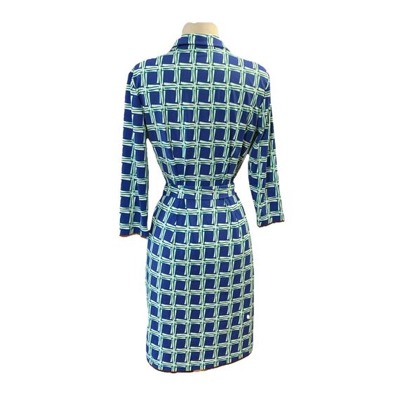 J. McLaughlin Women's Belted Dress SZ M Blue Square Print Stretch Retro 70s - Picture 7 of 11